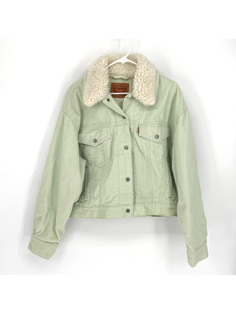 Levi’s Corduroy Trucker Jacket Sherpa Collar Mint Green Cottagecore Womens M